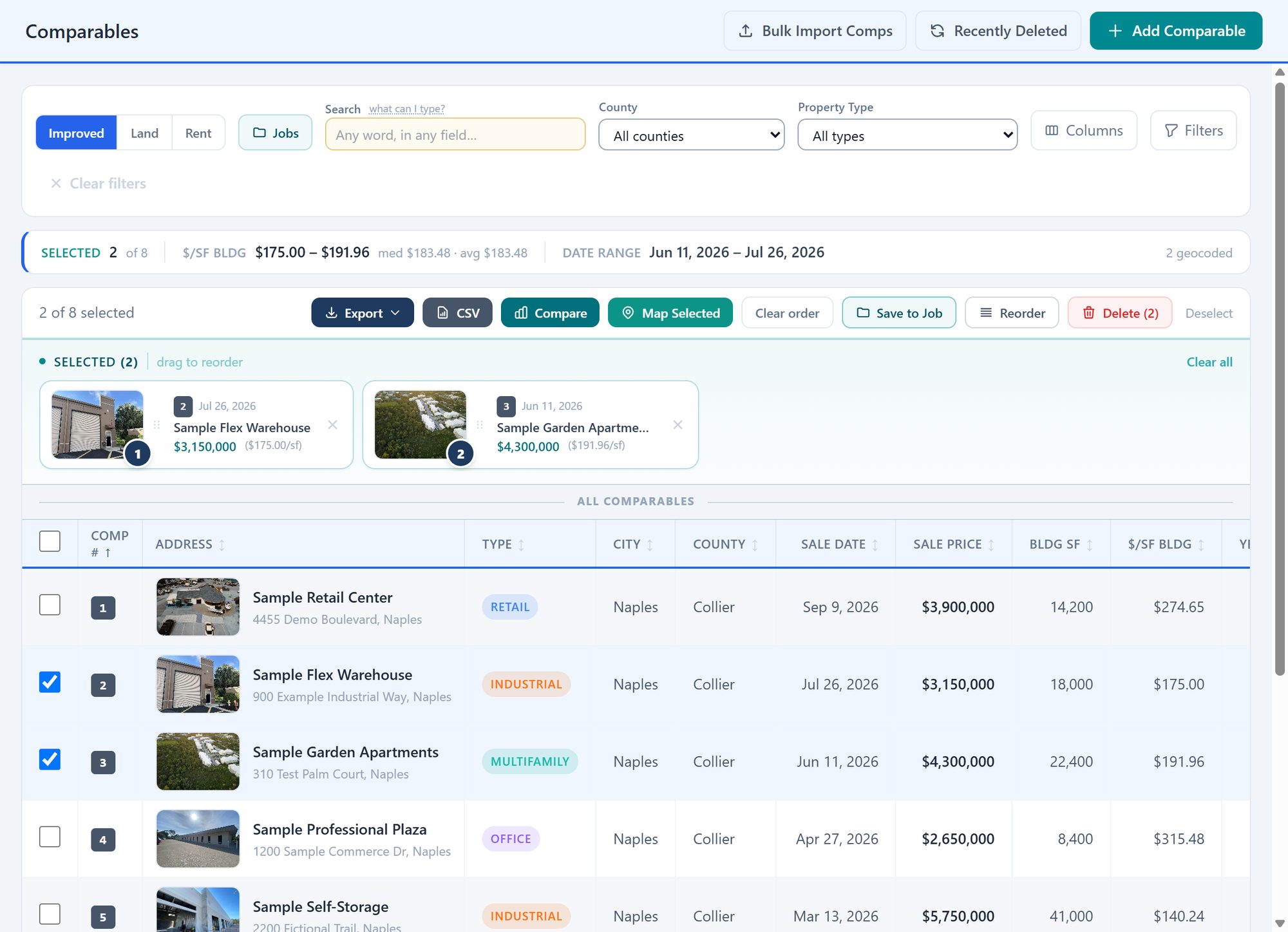 The ValuBids comparables list: sample comps with price, building size and price per square foot, two selected and numbered, with Export, CSV, Compare and Save to Job buttons above.