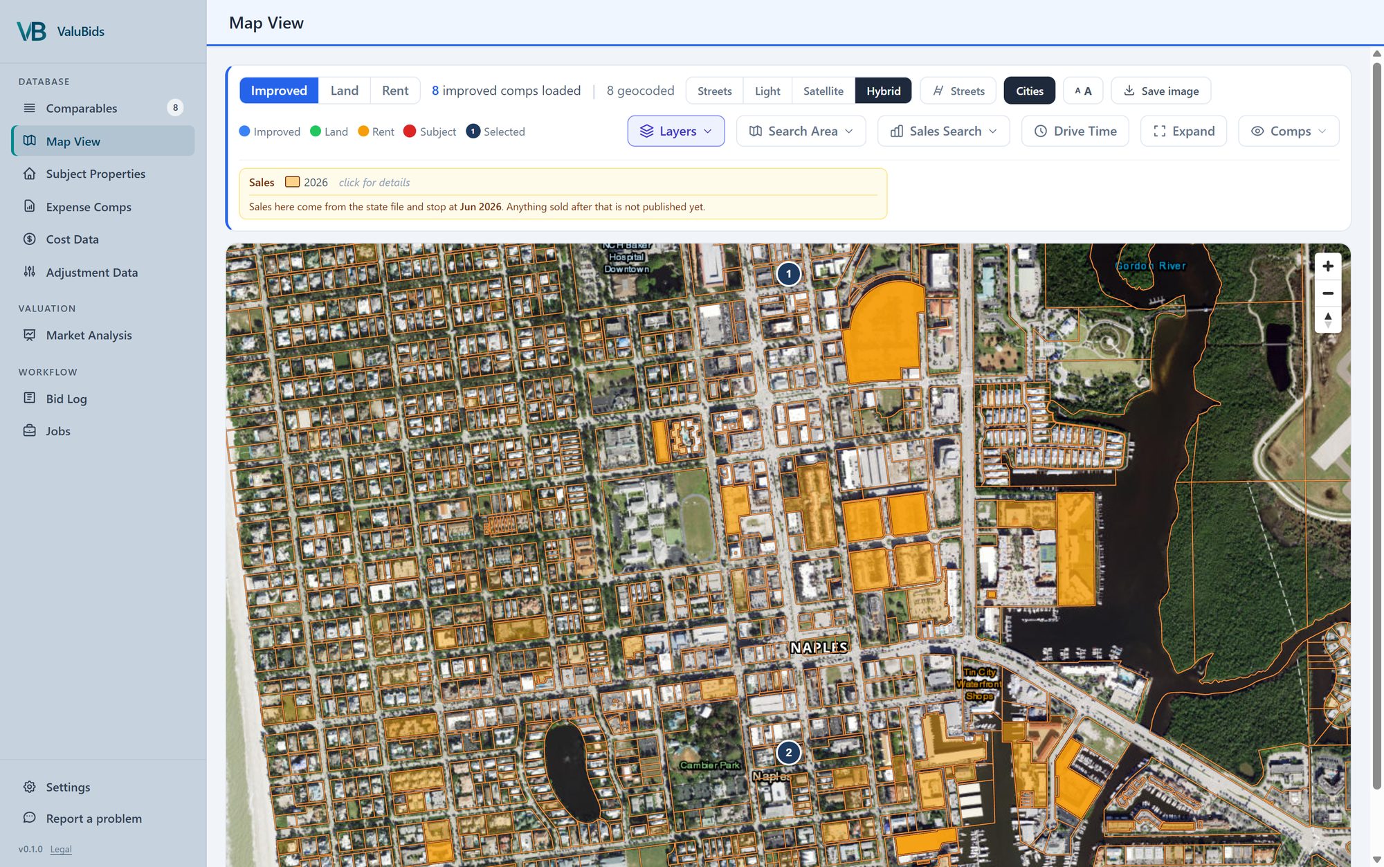 The ValuBids map of downtown Naples: parcel boundaries over aerial imagery, parcels sold in 2026 filled in orange, and two selected comparables marked with numbered pins.